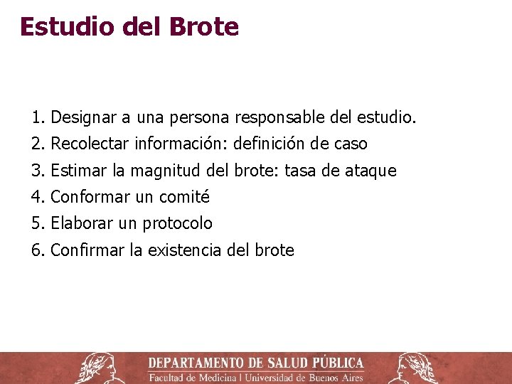 Estudio del Brote 1. Designar a una persona responsable del estudio. 2. Recolectar información: