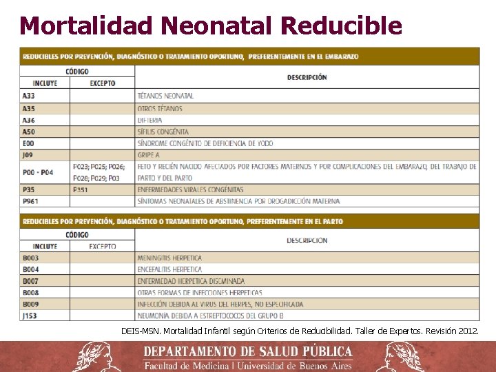 Mortalidad Neonatal Reducible DEIS-MSN. Mortalidad Infantil según Criterios de Reducibilidad. Taller de Expertos. Revisión