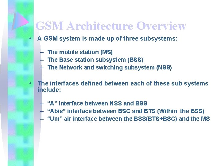 GSM Architecture Overview • A GSM system is made up of three subsystems: –