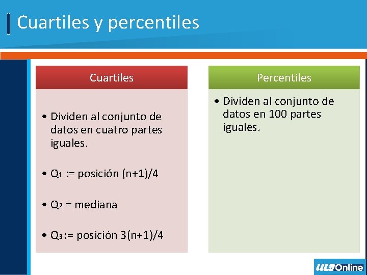 Cuartiles y percentiles Cuartiles • Dividen al conjunto de datos en cuatro partes iguales.