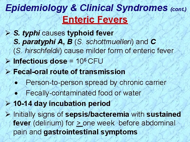 Epidemiology & Clinical Syndromes (cont. ) Enteric Fevers Ø S. typhi causes typhoid fever