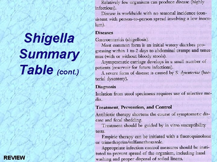 Shigella Summary Table (cont. ) REVIEW 