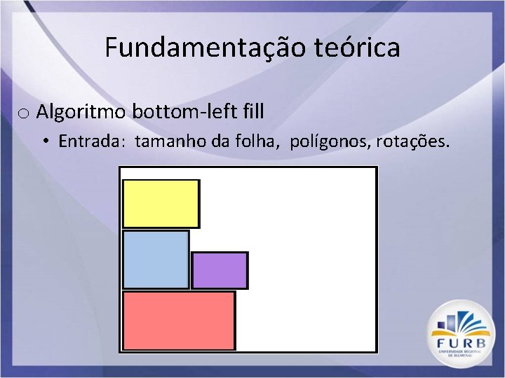 Fundamentação teórica o Algoritmo bottom-left fill • Entrada: tamanho da folha, polígonos, rotações. 