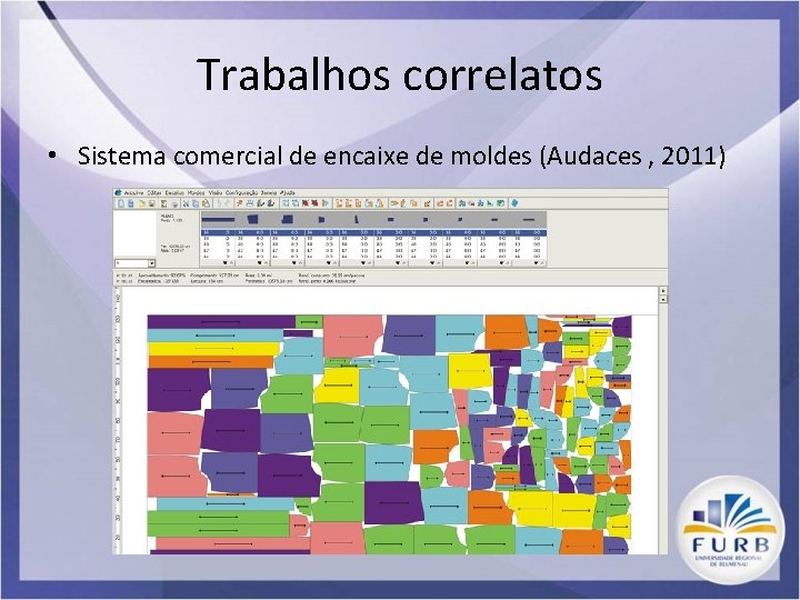 Trabalhos correlatos • Sistema comercial de encaixe de moldes (Audaces , 2011) 