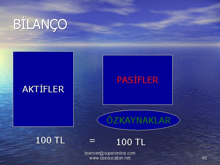 BİLANÇO PASİFLER AKTİFLER ÖZKAYNAKLAR 100 TL = 100 TL bsenver@superonline. com www. bseducation. net