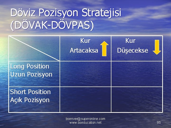 Döviz Pozisyon Stratejisi (DÖVAK-DÖVPAS) Kur Artacaksa Kur Düşecekse Long Position Uzun Pozisyon Short Position