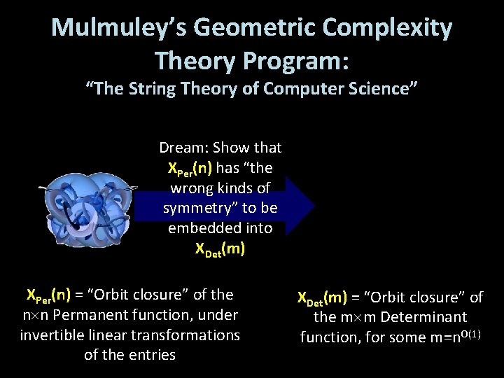 Mulmuley’s Geometric Complexity Theory Program: “The String Theory of Computer Science” Dream: Show that
