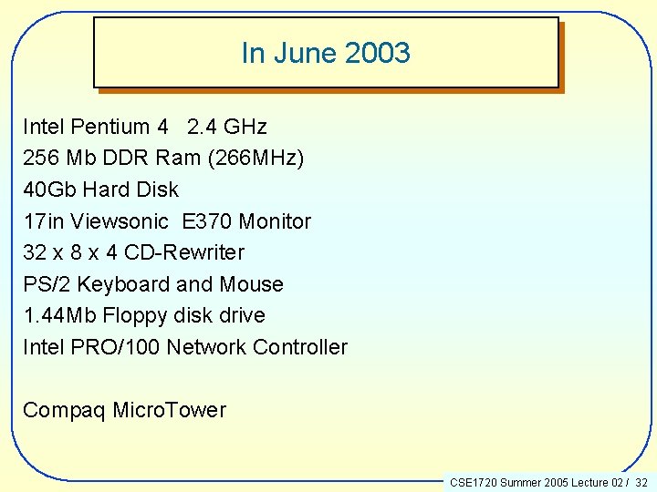 In June 2003 Intel Pentium 4 2. 4 GHz 256 Mb DDR Ram (266