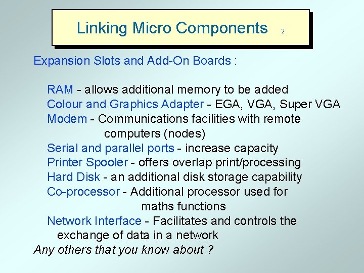 Linking Micro Components 2 Expansion Slots and Add-On Boards : RAM - allows additional