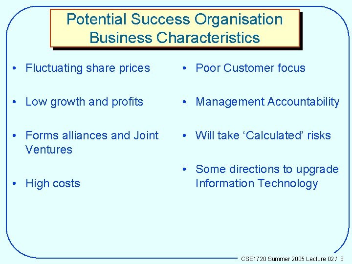 Potential Success Organisation Business Characteristics • Fluctuating share prices • Poor Customer focus •
