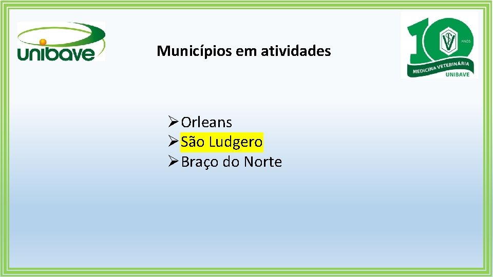 Municípios em atividades ØOrleans ØSão Ludgero ØBraço do Norte 