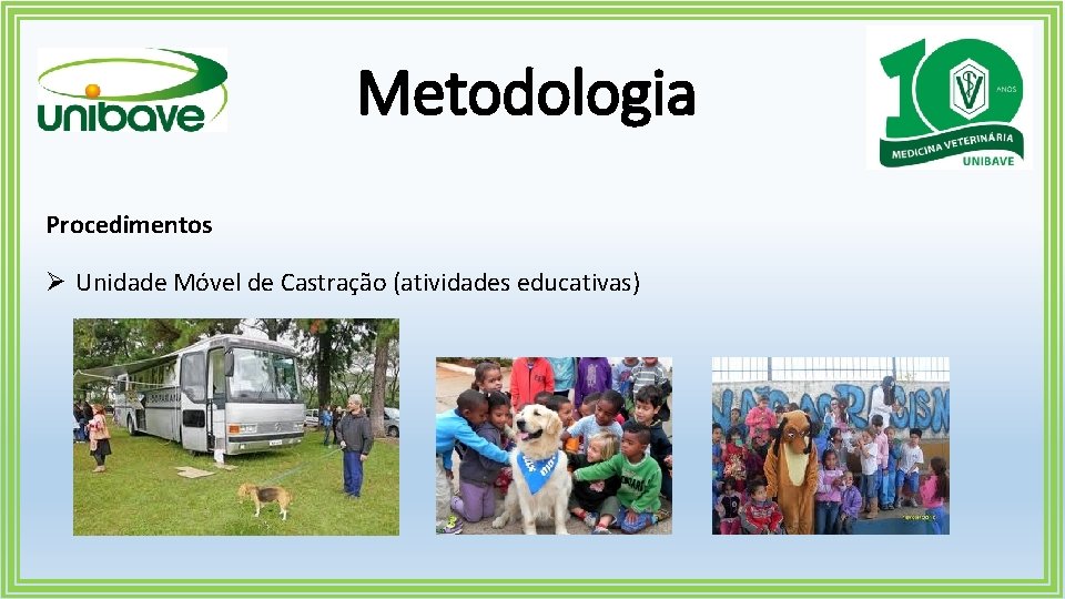 Metodologia Procedimentos Ø Unidade Móvel de Castração (atividades educativas) 