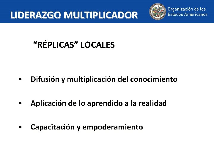 LIDERAZGO MULTIPLICADOR “RÉPLICAS” LOCALES • Difusión y multiplicación del conocimiento • Aplicación de lo