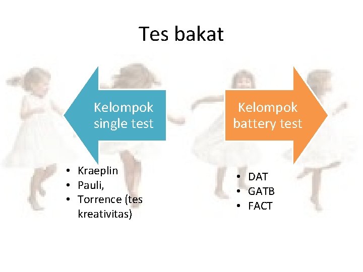 Tes bakat Kelompok single test • Kraeplin • Pauli, • Torrence (tes kreativitas) Kelompok