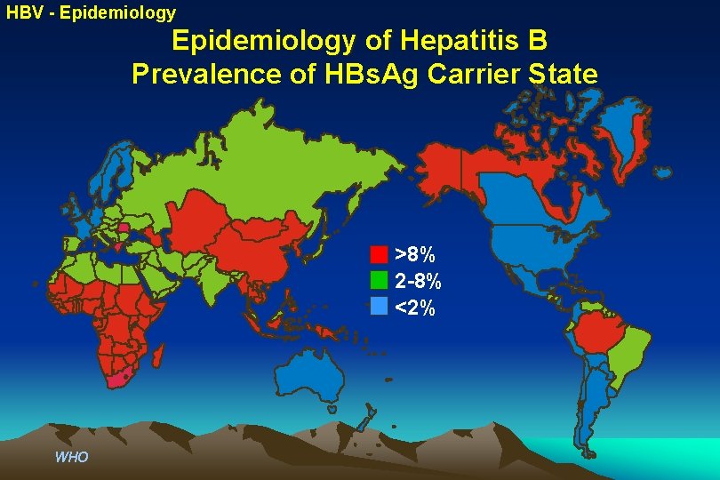 HBV - Epidemiology of Hepatitis B Prevalence of HBs. Ag Carrier State >8% 2