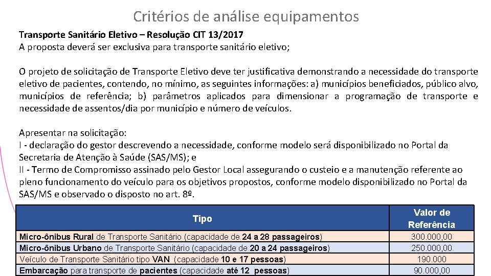Critérios de análise equipamentos Transporte Sanitário Eletivo – Resolução CIT 13/2017 A proposta deverá