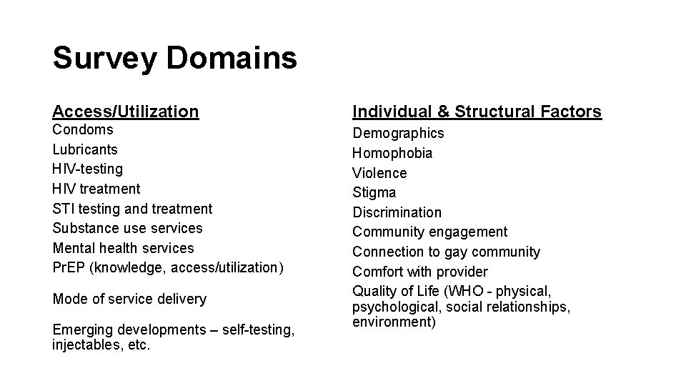 Survey Domains Access/Utilization Individual & Structural Factors Condoms Lubricants HIV-testing HIV treatment STI testing