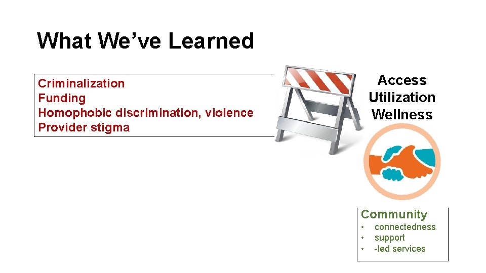 What We’ve Learned Access Utilization Wellness Criminalization Funding Homophobic discrimination, violence Provider stigma Community