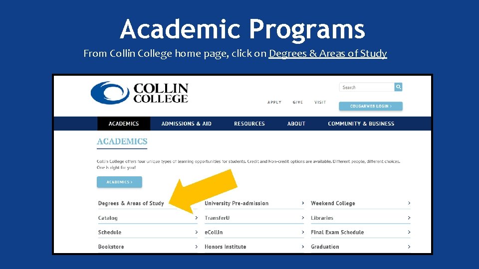 Academic Programs From Collin College home page, click on Degrees & Areas of Study