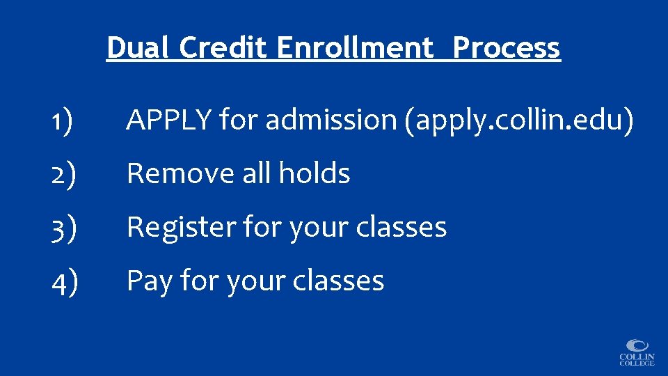 Dual Credit Enrollment Process 1) APPLY for admission (apply. collin. edu) 2) Remove all
