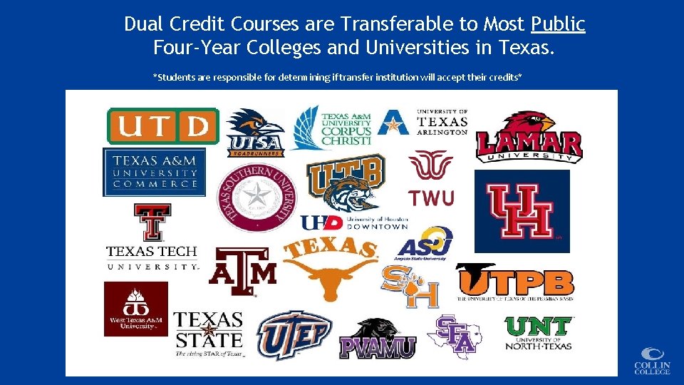 Dual Credit Courses are Transferable to Most Public Four-Year Colleges and Universities in Texas.