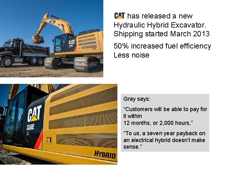 Cat has released a new Hydraulic Hybrid Excavator. Shipping started March 2013 50% increased
