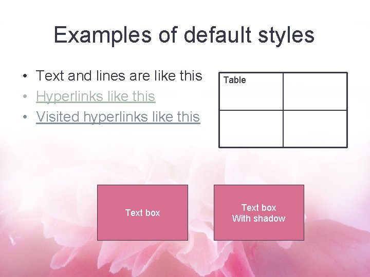 Examples of default styles • Text and lines are like this • Hyperlinks like