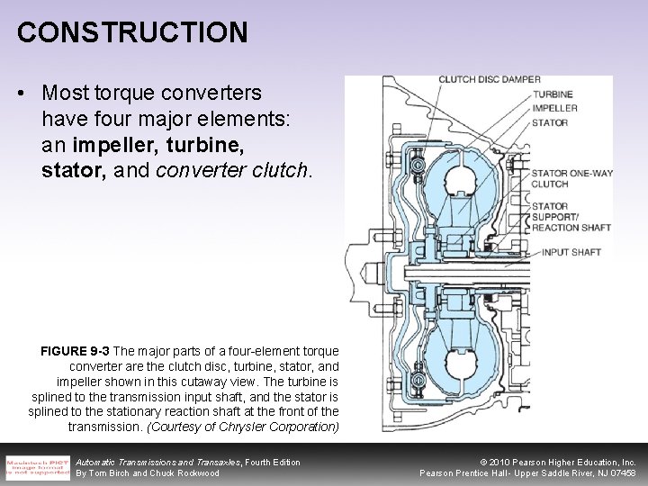 CONSTRUCTION • Most torque converters have four major elements: an impeller, turbine, stator, and