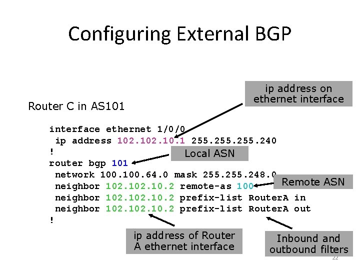 Configuring External BGP ip address on ethernet interface Router C in AS 101 interface