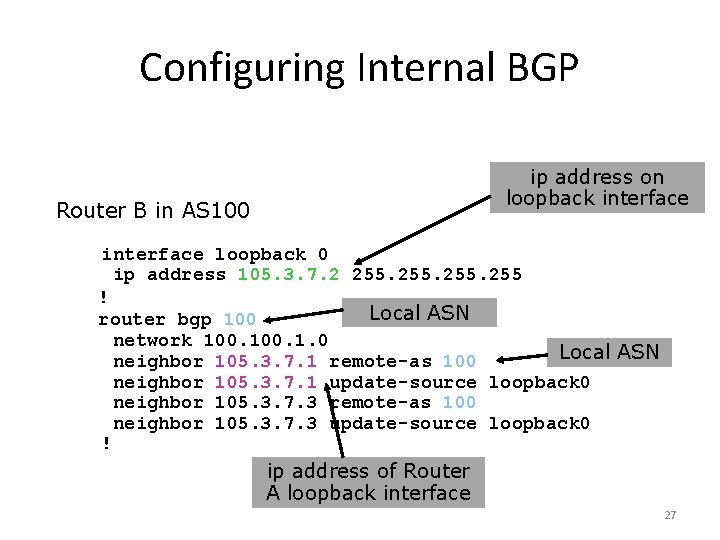 Configuring Internal BGP ip address on loopback interface Router B in AS 100 interface Configuring Internal BGP ip address on loopback interface Router B in AS 100 interface