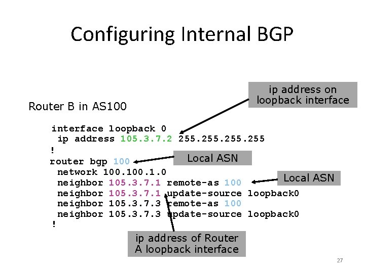 Configuring Internal BGP ip address on loopback interface Router B in AS 100 interface