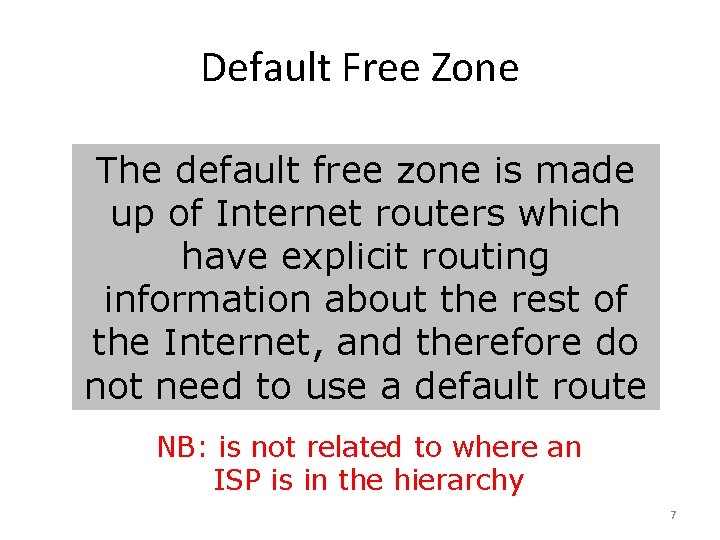 Default Free Zone The default free zone is made up of Internet routers which