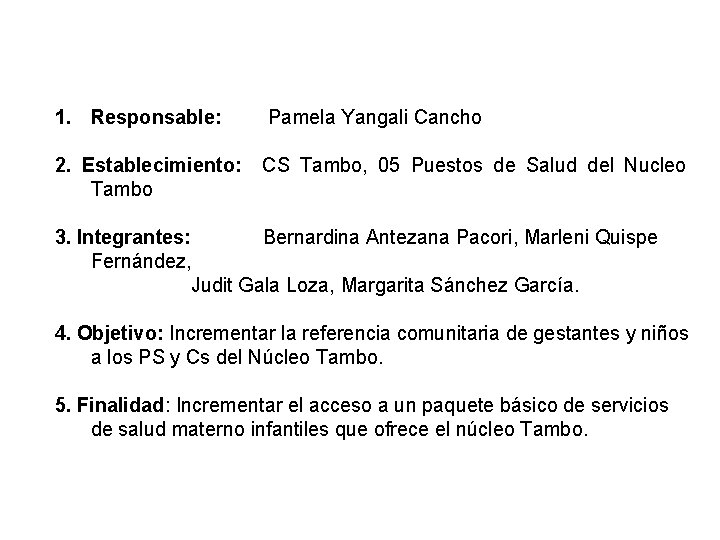 1. Responsable: Pamela Yangali Cancho 2. Establecimiento: CS Tambo, 05 Puestos de Salud del