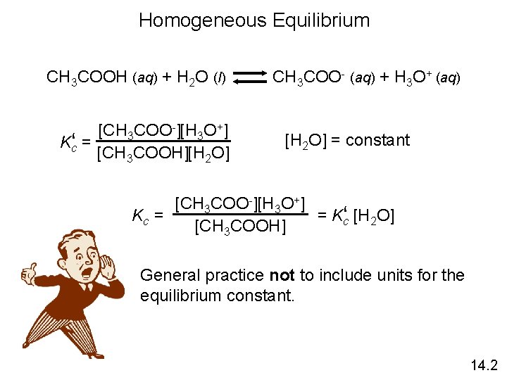 Homogeneous Equilibrium CH 3 COOH (aq) + H 2 O (l) CH 3 COO-