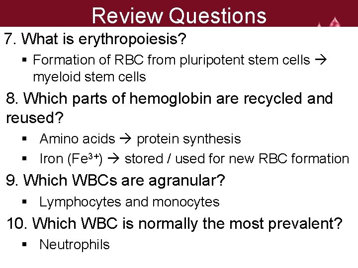 Review Questions 7. What is erythropoiesis? § Formation of RBC from pluripotent stem cells
