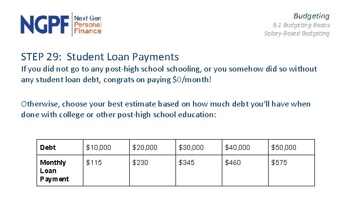 Budgeting 6. 1 Budgeting Basics Salary-Based Budgeting STEP 29: Student Loan Payments If you