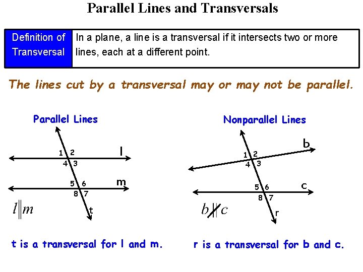 Parallel Lines and Transversals Definition of Transversal In a plane, a line is a