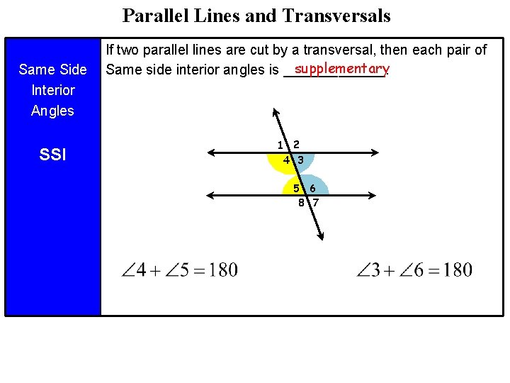 Parallel Lines and Transversals Same Side Interior Angles SSI If two parallel lines are