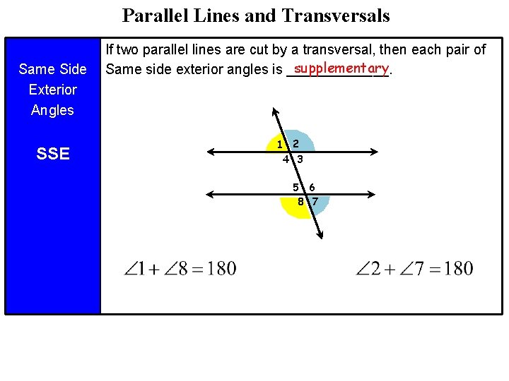 Parallel Lines and Transversals Same Side Exterior Angles SSE If two parallel lines are