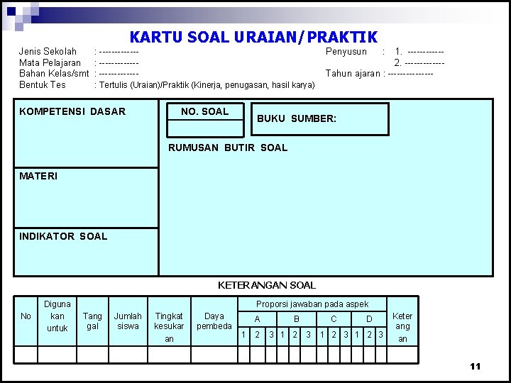 KARTU SOAL URAIAN/PRAKTIK Jenis Sekolah Mata Pelajaran Bahan Kelas/smt Bentuk Tes : ------------: Tertulis