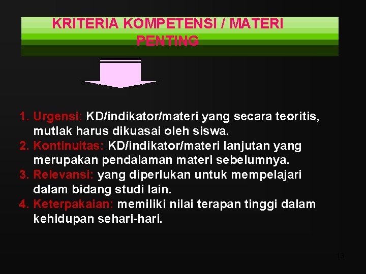 KRITERIA KOMPETENSI / MATERI PENTING 1. Urgensi: KD/indikator/materi yang secara teoritis, mutlak harus dikuasai