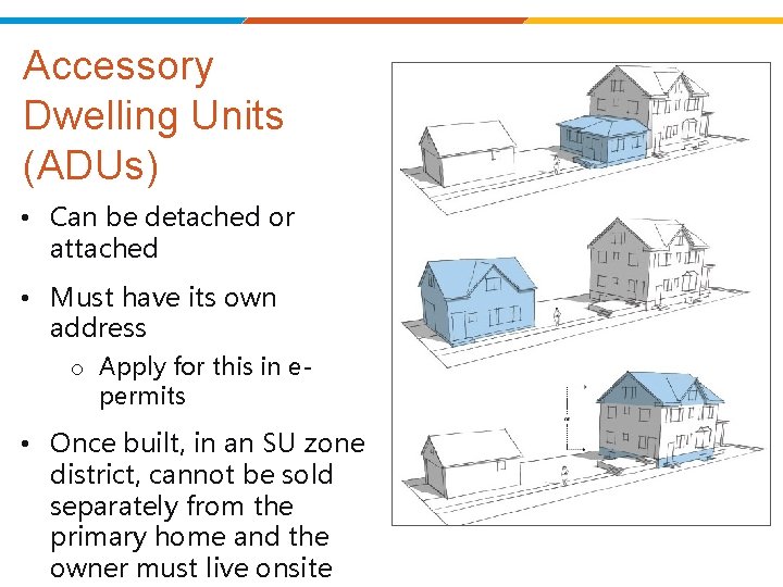 Accessory Dwelling Units (ADUs) • Can be detached or attached • Must have its