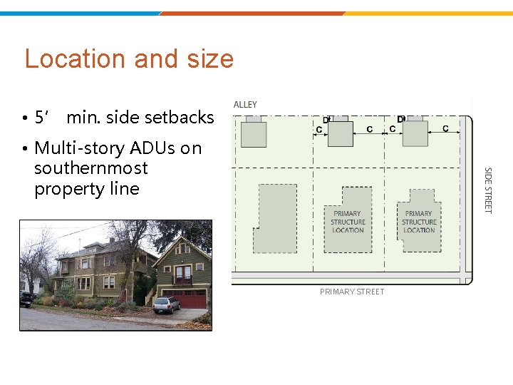 Location and size • 5’ min. side setbacks • Multi-story ADUs on southernmost property