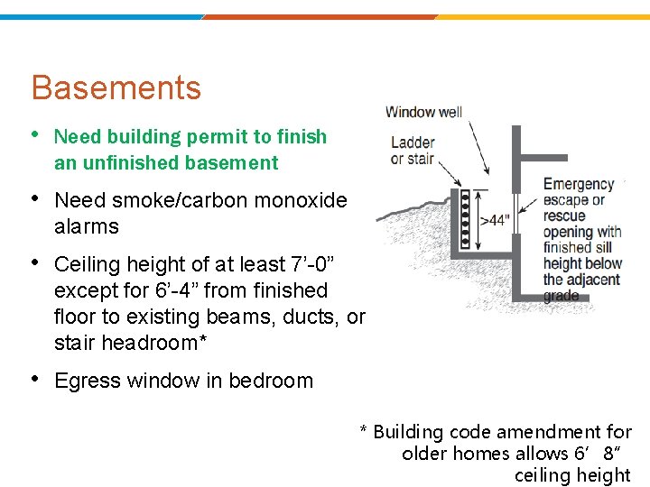 Basements • Need building permit to finish an unfinished basement • Need smoke/carbon monoxide