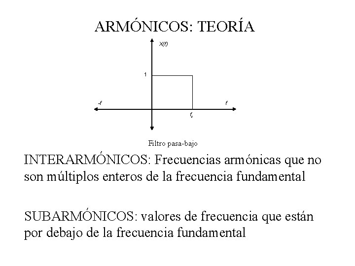 ARMÓNICOS: TEORÍA X(f) 1 -f f fc Filtro pasa-bajo INTERARMÓNICOS: Frecuencias armónicas que no