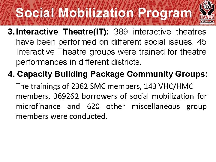 Social Mobilization Program 3. Interactive Theatre(IT): 389 interactive theatres have been performed on different