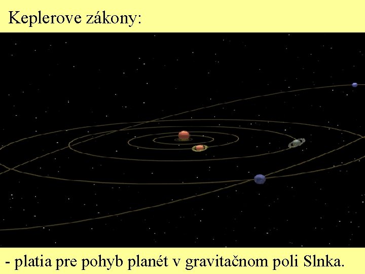 Keplerove zákony: - platia pre pohyb planét v gravitačnom poli Slnka. 