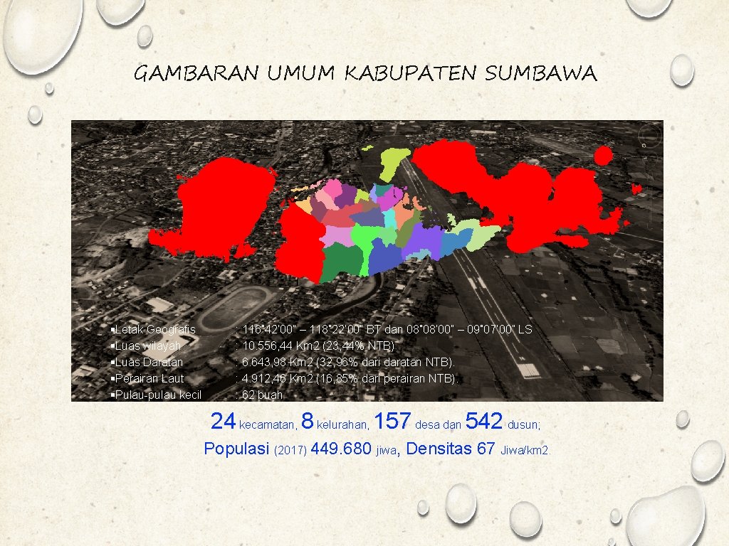 GAMBARAN UMUM KABUPATEN SUMBAWA §Letak Geografis §Luas wilayah §Luas Daratan §Perairan Laut §Pulau-pulau kecil