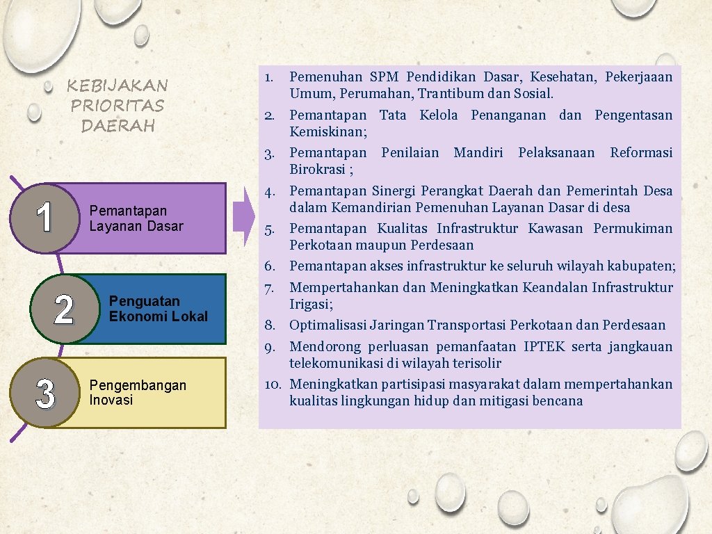 KEBIJAKAN PRIORITAS DAERAH 1 2 3 Pemantapan Layanan Dasar Penguatan Ekonomi Lokal Pengembangan Inovasi