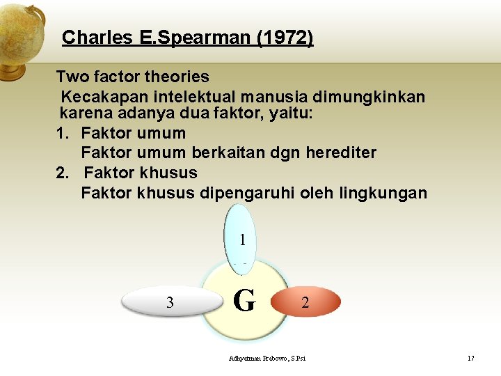 Charles E. Spearman (1972) Two factor theories Kecakapan intelektual manusia dimungkinkan karena adanya dua